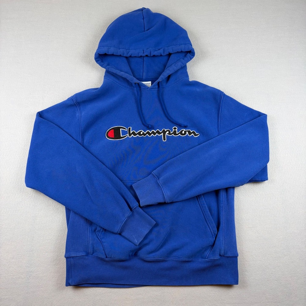 Champion Reverse Weave Mens Medium Blue Chain Stitch Script Hoodie Sweatshirt